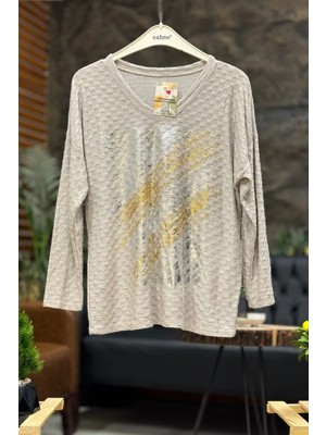 Sahnemoda Dalga Desen Yaldızlı V Yaka Kadife Ithal Bluz