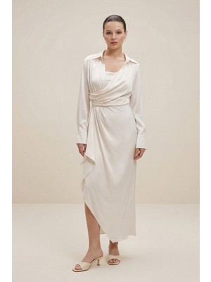 Setre Krem Gömlek Yaka Kruvaze Kapama Uzun Kollu Midi Boy Elbise