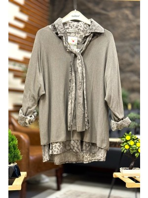 Sahnemoda Leopar Desen Gömlekli Triko Bluz