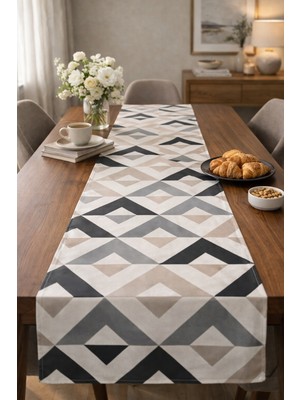Stelo de Maro Chevrons Geometrik Desenli Runner Krem-Bej-Gri-Siyah 40X145 cm