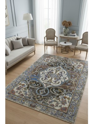 The Reef Design Bej Kahve Vintage Salon Halısı Dijital Baskılı Kaymaz Tabanlı Yıkanabilir Şık Eskitme Salon Halısı