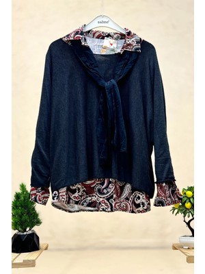 Sahnemoda Şal Desen Gömlekli Fularlı Ikili Ithal Bluz