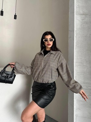 Ribana Classic Kadın Astarlı Uzun Kollu Çift Cepli Pıtıkareli Fermuarlı Kısa Bej Mont 4971