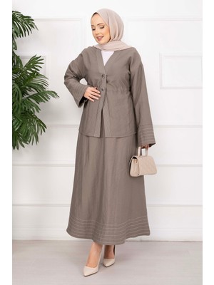 EFL Çizgi Garnili Ceket Etek Takım Vizon