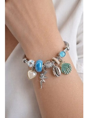 Bileklik Charmlı - Gümüş Renk 3184 Çelik Kabuğu Mavi Deniz