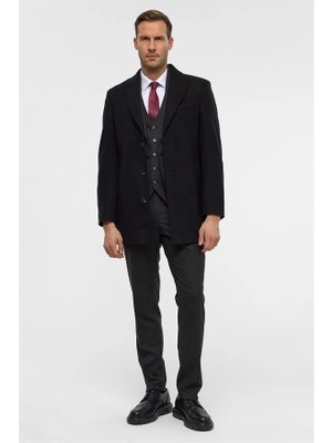 Süvari Siyah Slim Erkek Kaban Polyester Düz Desenli Yandan Cepli Günlük Kullanım İçin