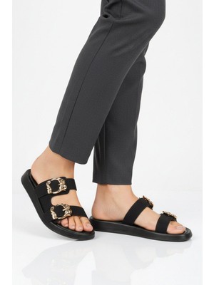 Ayakmod Siyah Çift Bantlı Hafif Kadın Günlük Terlik 513086 Z