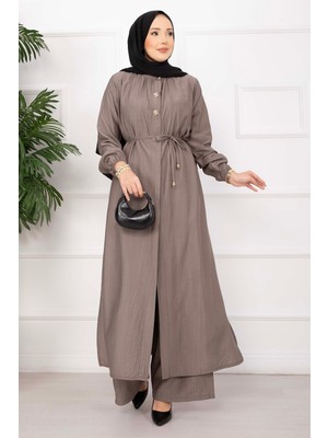 Ns Bağcıklı Hakim Yaka Uzun Tunik Takım Vizon