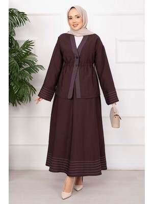 EFL Çizgi Garnili Ceket Etek Takım Bordo