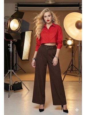 ribana Kemerli Bol Paça Kadın Krep Pantolon