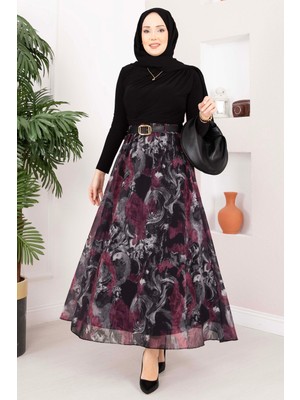 Ums Otantik Desen Kemerli Şifon Etek Siyah
