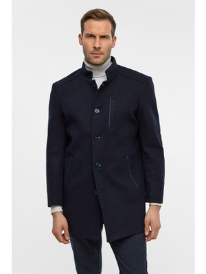 Süvari Lacivert Regular Hakim Yaka Düz Yan Cepli Kaban