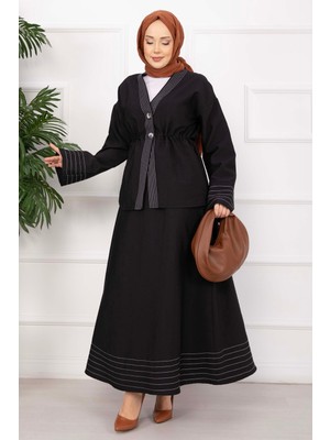 EFL Çizgi Garnili Ceket Etek Takım Siyah