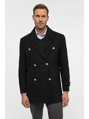 Süvari Slim Kruvaze Yaka Siyah Erkek Kaban Polyester Düz Desenli Yandan Cepli