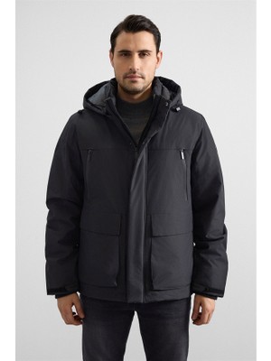 Süvari Siyah Slim Kapüşonlu Düz Cepsiz Fermuar + Çıtçıt Elyaf Dolgulu Standart Mont