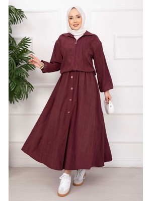 Ums Bomber Ceket & Düğmeli Etek Takım Bordo