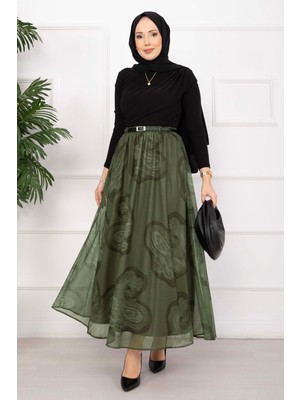 SVS Lora Kemerli Astarlı Tül Etek Haki