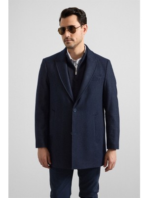 Süvari Lacivert Slim Hakim Yaka Düz Yan Cepli Düğmeli Dolgusuz Standart Kaban