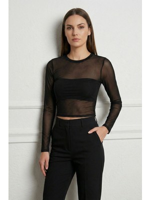 Lupinn Kadın Siyah Transparan Tül Bluz Uzun Kollu Crop Tül-Ince Dokulu Kadın Bluz-Body-Badi