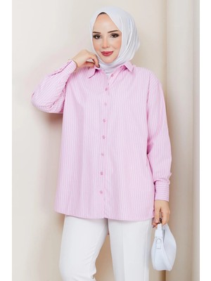 Çizgili Tesettür Gömlek Pembe HM2893