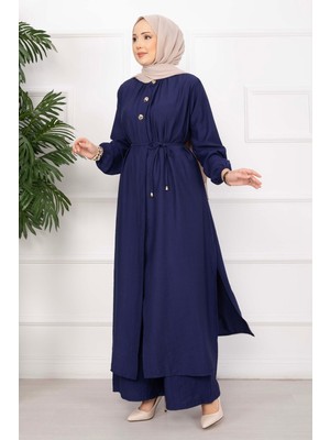 Ns Bağcıklı Hakim Yaka Uzun Tunik Takım Lacivert