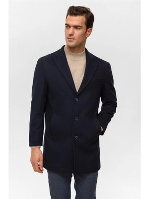 Süvari Lacivert Slim Sivri Yaka Düz Yan Cepli Kaban
