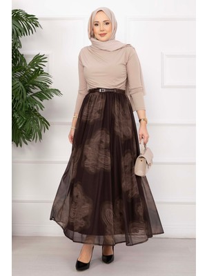 SVS Lora Kemerli Astarlı Tül Etek Kahve