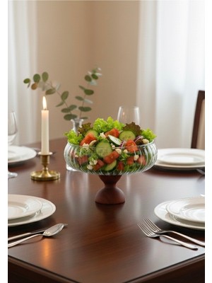 Büyük Boy Cam Sunumluk, Ahşap Ayaklı Meyve ve Salata Kasesi