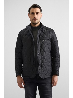 Süvari Siyah Regular Dik Yaka Baklava Yan Cepli Fermuar + Çıtçıt Elyaf Dolgulu Standart Mont