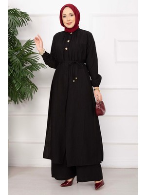 Ns Bağcıklı Hakim Yaka Uzun Tunik Takım Siyah