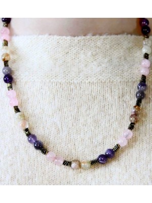 Esha Store Doğal Taş Ametist Sitrin Pembe Kuvars Hematit Doğal Taşlı Kadın Kolye EUK20ASPKH