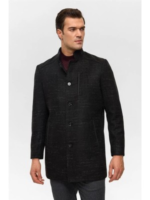 Süvari Siyah Regular Hakim Yaka Polyester Karışımlı Cepsiz Kaban Erkek Günlük Kullanım İçin