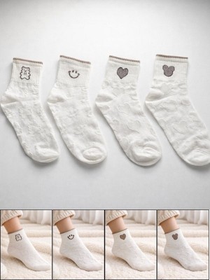 Minimal Desenli Beyaz Kadın Soket Çorap Seti – 4’lü Pamuklu Çorap (Kalp, Ayıcık, Smiley Figürlü)