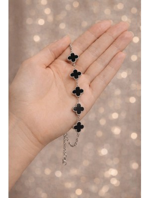 Versein Atelier Kararmaz Çelik Siyah-Gümüş Renk Yonca Bileklik