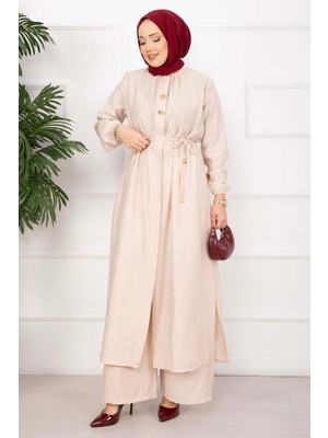 Ns Bağcıklı Hakim Yaka Uzun Tunik Takım Bej