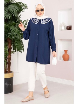 SVS Yaka Nakışlı Tesettür Tunik Lacivert