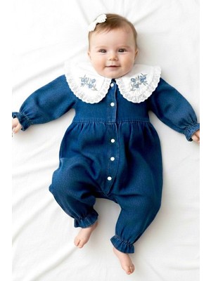 Cantoy Minik Çiçek Işlemeli Dantel Yakalı Kot Tulum