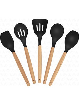 Bambu Saplı 5'li Siyah Silikon Mutfak Pişirme Seti