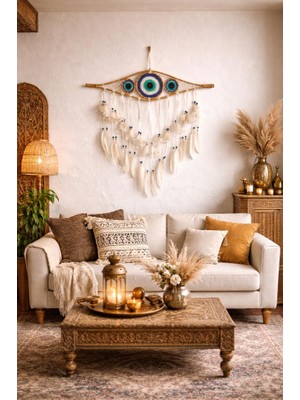 Bohem Bambu Nazar Boncuklu Rüya Kapanı Duvar Süsü 56X65 cm – El Yapımı Ahşap Boncuklu Tüylü Dreamcatcher Duvar Dekoru