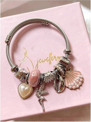 Gümüş Renk Pembe Deniz Kabuğu Charmlı Çelik Bileklik