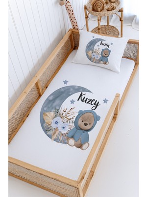 Lilabio %100 Pamuk Isme Özel Montessori Yatak Pike Seti 100X200 Mavi Kapşonlu Ayıcık