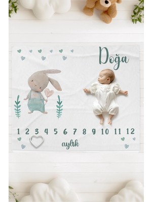 Lilabio %100 Pamuk Isme Özel Bebek Fotoğraf Çekim Anı Örtüsü (120X100 Cm) Yeşil Tavşan