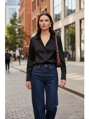 Mandala Tekstil Kadın Saten Dökümlü Rahat Kalıp Günlük Gömlek