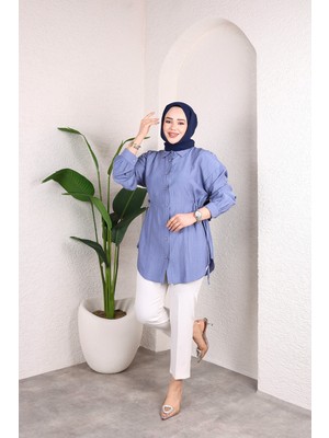 SFG Life Moda Kadın Önü Düğmeli ve Yan Bağcıklı Çilek Kumaş Tunik-Gömlek