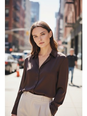 Mandala Tekstil Kadın Saten Dökümlü Rahat Kalıp Günlük Gömlek