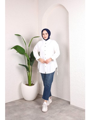 SFG Life Moda Kadın Önü Düğmeli ve Yan Bağcıklı Çilek Kumaş Tunik-Gömlek