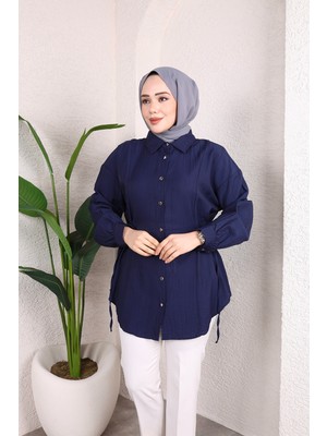SFG Life Moda Kadın Önü Düğmeli ve Yan Bağcıklı Çilek Kumaş Tunik-Gömlek