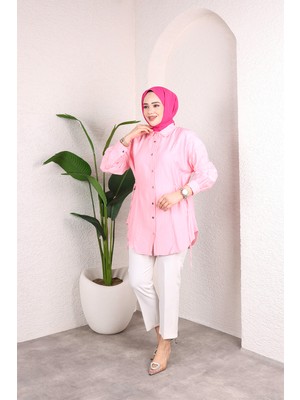 SFG Life Moda Kadın Önü Düğmeli ve Yan Bağcıklı Çilek Kumaş Tunik-Gömlek
