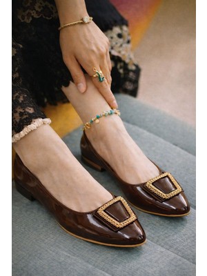 Slipcat Kadın Gold Aksesuarlı Şık Parlak Günlük  Babet