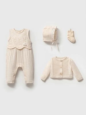 Noynoy Müslin Tulumlu Kız Bebek Dörtlü Set-Kutulu - Ekru - 3 - 6 Ay Ekru